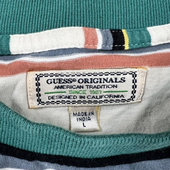 Vintage Guess Originals Shirt Mens Large Green Striped Logo Crewneck Tee 90s - Picture 4 of 14